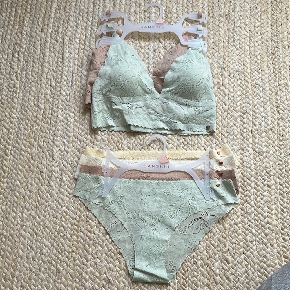 Danskin Lace Bralette and Panty Set - Mint Green and Tan